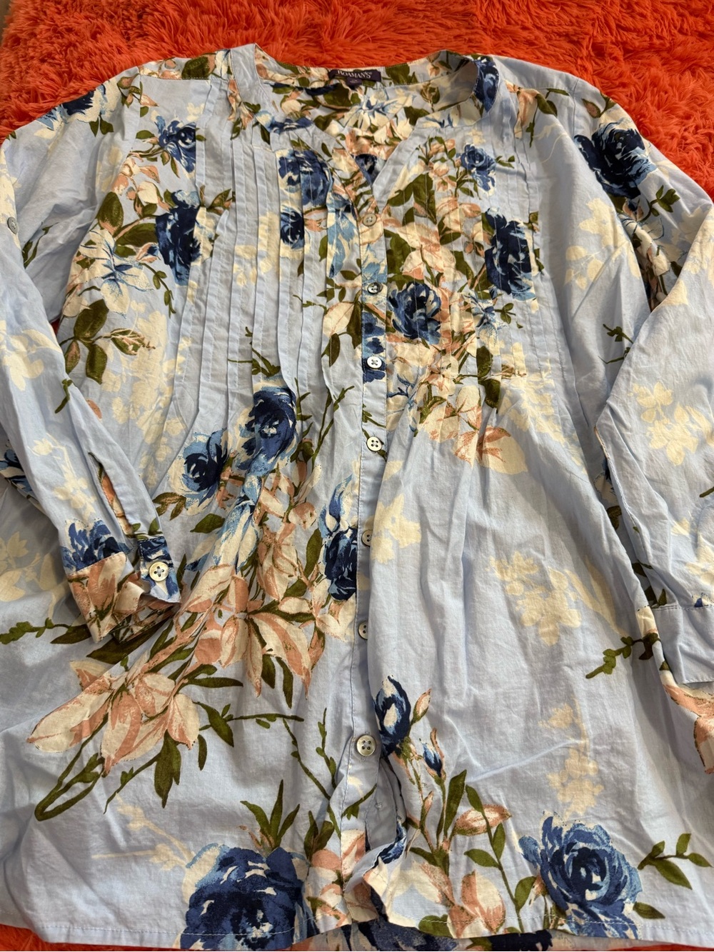 Roaman's Light Blue Floral Button-Front Blouse